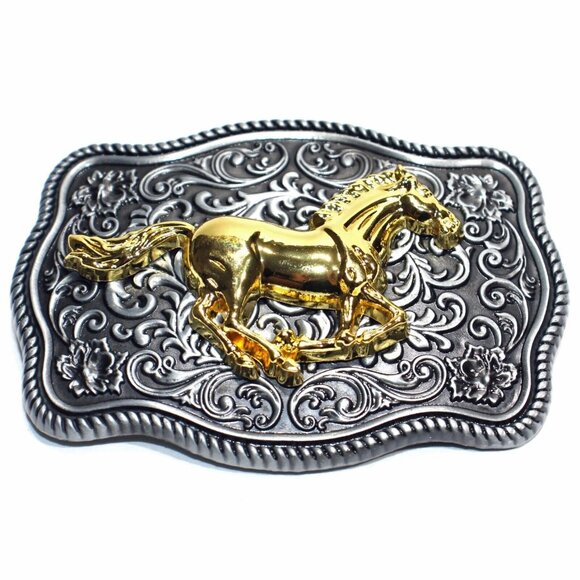 Western Horse Cowboy Rodeo Style Belt Buckle Antique Silver Gold 1.5" Snap On - Picture 1 of 3